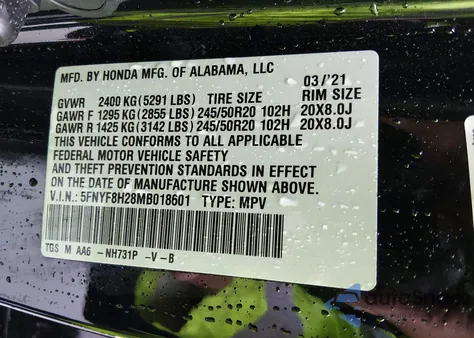 2021 Honda Passport Awd Sport from USA, damaged, VIN 5FNYF8H28MB018601